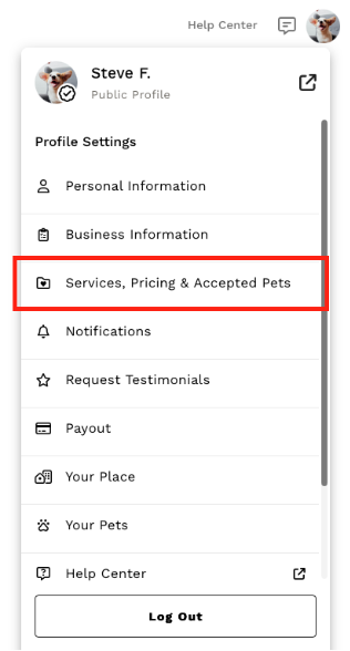 Profile menu with Services, Pricing & Accepted Pets highlighted.