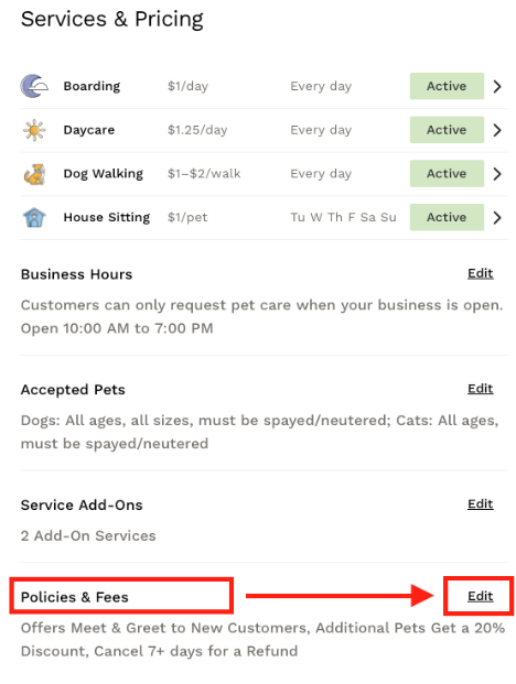 Services & Pricing page with the Edit link beside Policies & Fees highlighted.