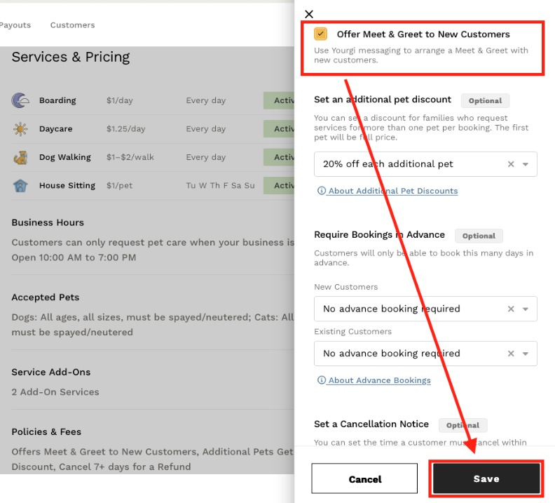 Policies & Fees panel showing the Offer Meet & Greet to New Customers checkbox at the top and the Save button at the bottom.